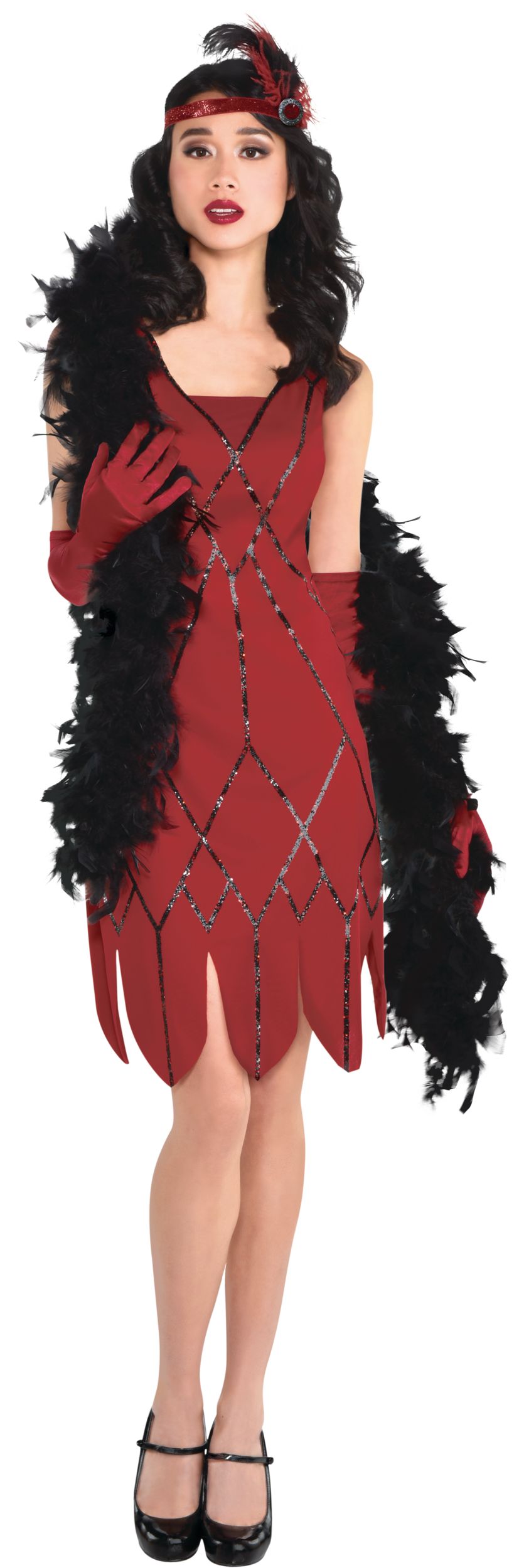 Women S Clue Miss Scarlet Red Dress With Feather Boa Headband