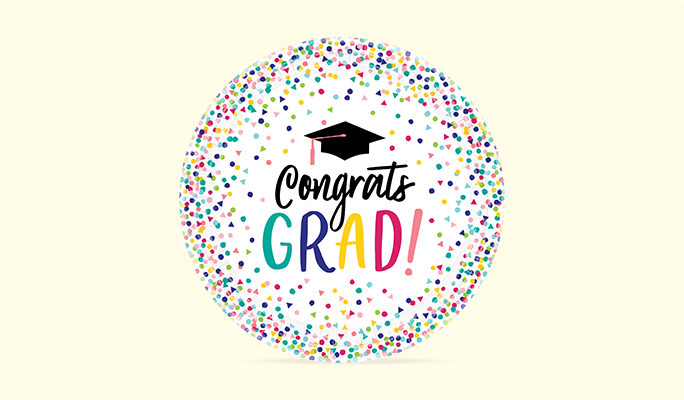 Assiette en papier colorée « Congrats Grad » Support à plats « Congrats Grad » avec petits gâteaux à la vanille