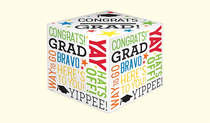 Boîte à cartes de remise de diplôme colorée avec des phrases écrites sur toute la surface