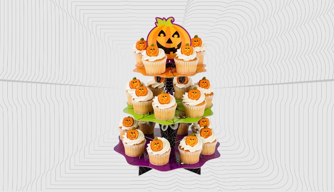 Jack-o-lantern-themed cupcake tower.
