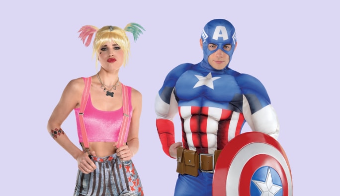  Woman wearing Harley Quinn costume and man wearing a Captain America costume. 