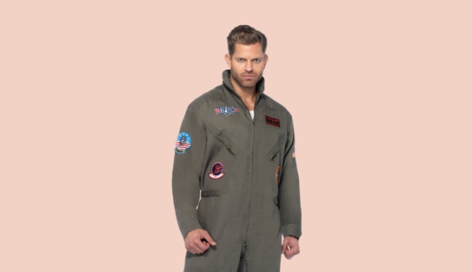 Man wearing a Top Gun Flight Suit.