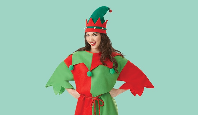 Woman dressed in green and red elf costume