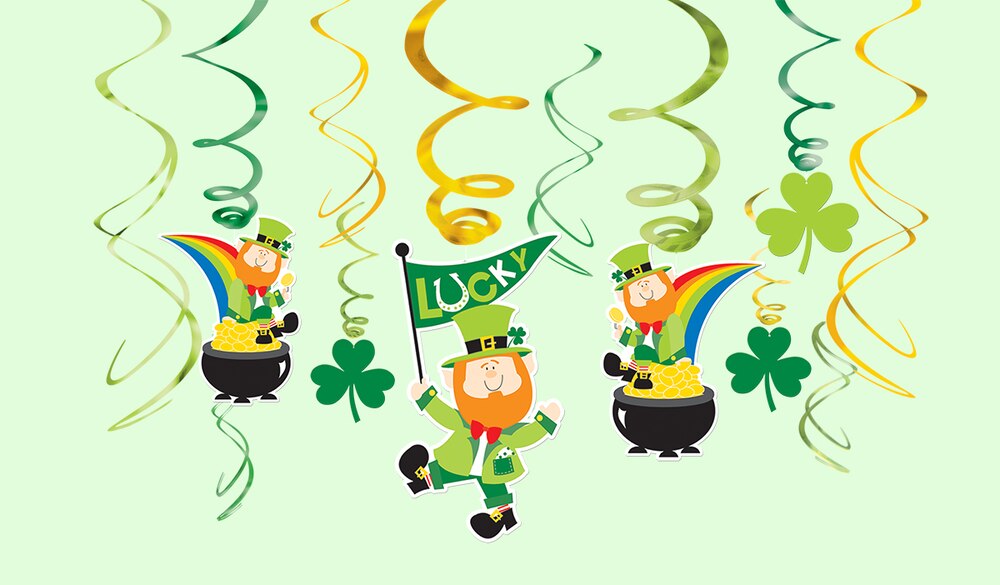 A set of twelve St. Patrick's Day Leprechaun swirl decorations. 