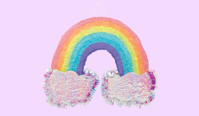 A multicoloured rainbow and clouds piñata.