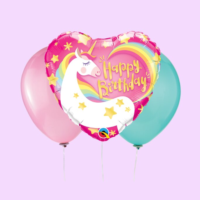 A pink and multicoloured heart-shaped 18-inch Happy Birthday Unicorn standard balloon