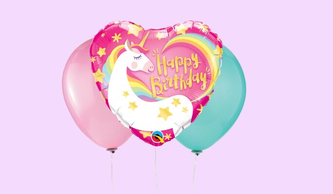 A pink and multicoloured heart-shaped 18-inch Happy Birthday Unicorn standard balloon