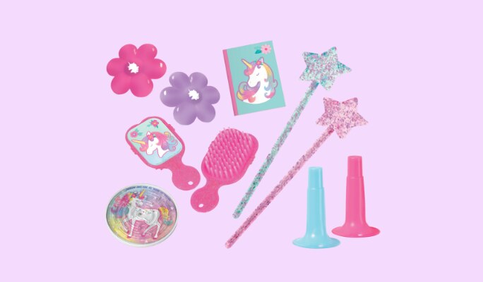 Ten assorted blue, pink and purple Enchanted Unicorn kids’ party favour toys.