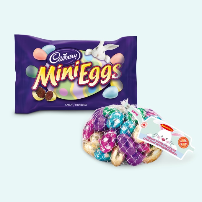 A mesh sack of creamy chocolate Easter eggs, 200-g and a pack of Cadbury Chocolate Mini Eggs, 33-g.