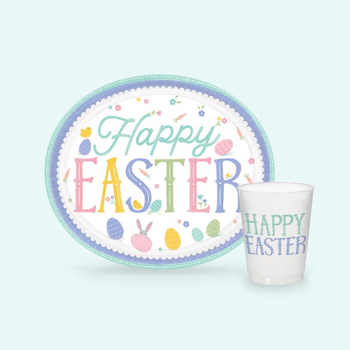 A Pretty Pastel Easter oval plate and a happy Easter frosted stadium cup.
