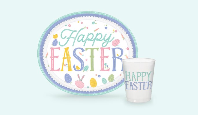 A Pretty Pastel Easter oval plate and a happy Easter frosted stadium cup.