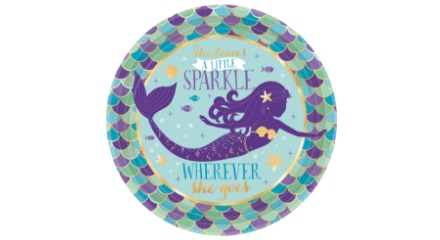 Paper plate with mermaid scales border, mermaid, and text print