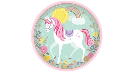 Paper plate with unicorn, rainbow, and colourful flower print