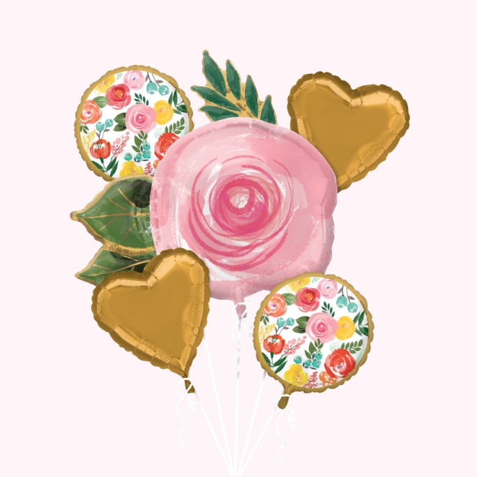 A pink, gold and green Bright Florals Foil Balloon Bouquet, 5-pc.