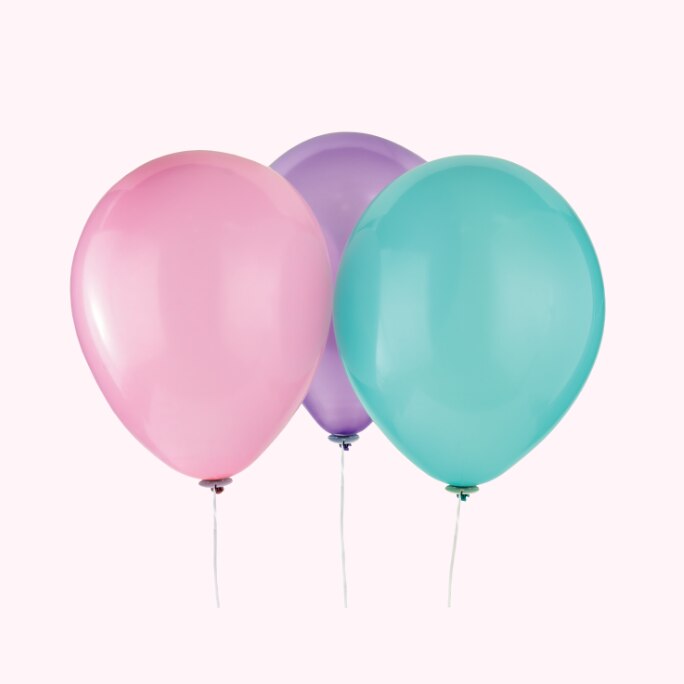 Three pink, purple and blue 11-inch Luxe Latex Balloons.