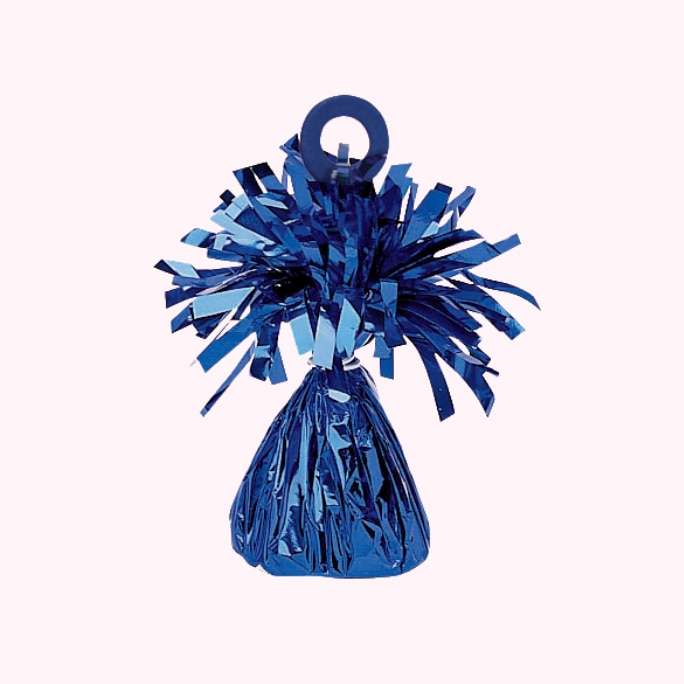A blue, metallic foil bell balloon weight. 