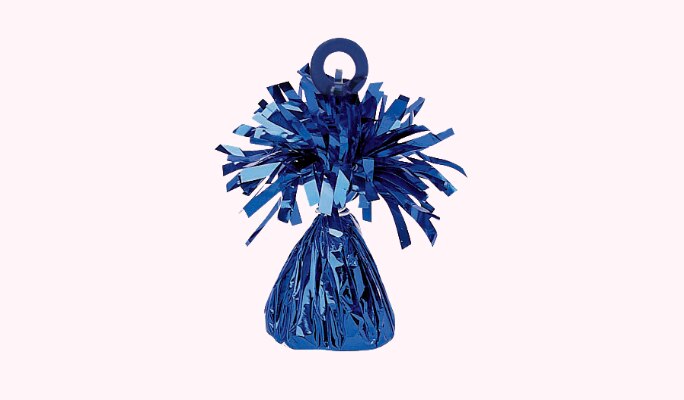 A blue, metallic foil bell balloon weight. 