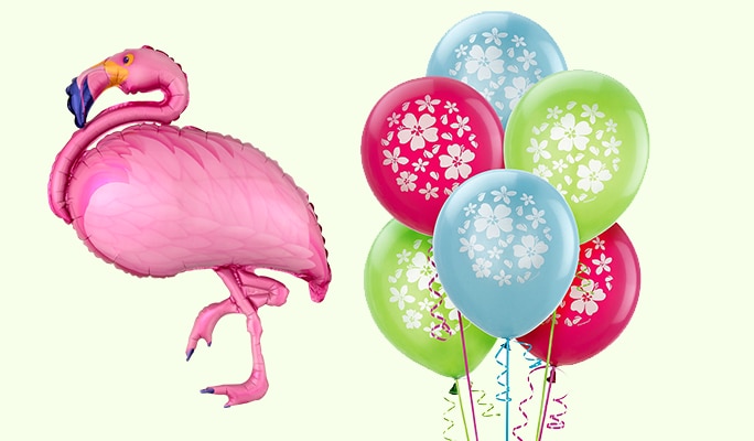 A 35-inch pink Flamingo foil balloon and a bouquet of green, blue and pink hibiscus print latex balloons.