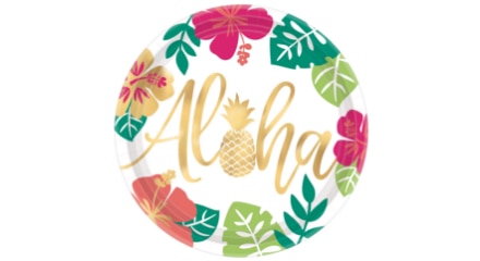  Une assiette à dîner Aloha verte, rose et dorée à thème d’hibiscus et d’ananas.
