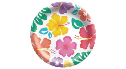  Une assiette ronde blanche et multicolore à thème Hibiscus d’été.