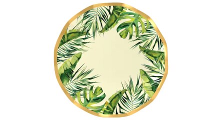  Une assiette à dîner dorée, crème et verte à motif de feuilles Palmiers d’été.