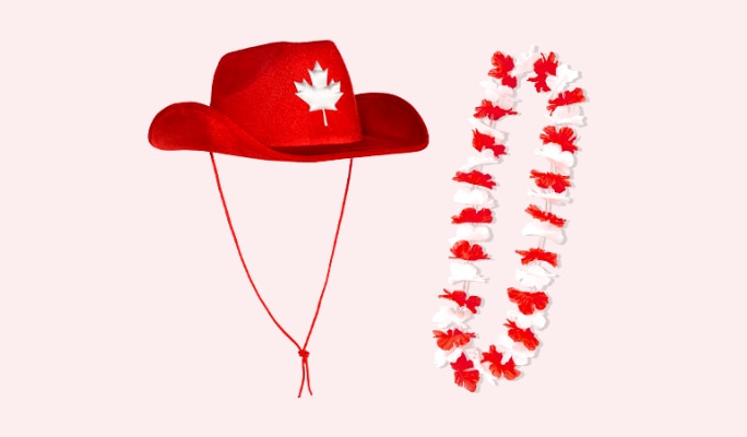 A red adult Canadian Maple leaf cowboy hat and a red and white floral lei.