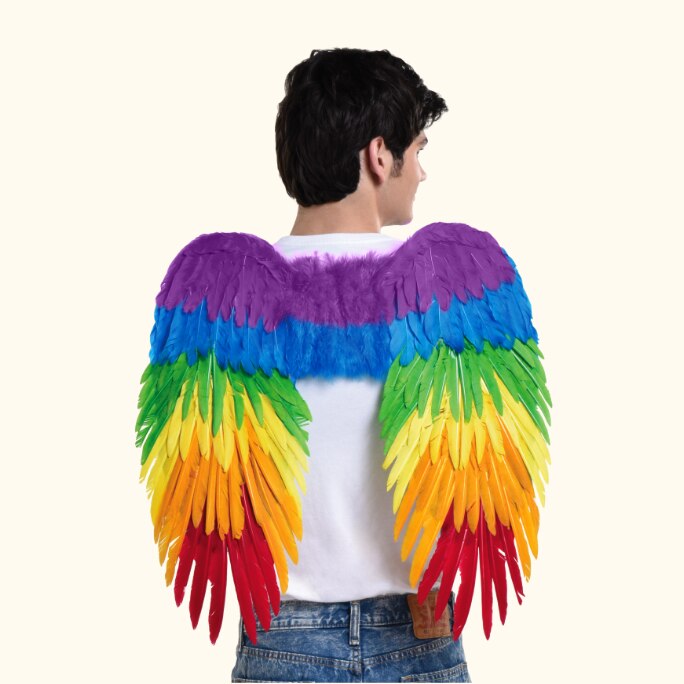 Un jeune homme au dos tourné portant des ailes de la Fierté en plumes arc-en-ciel.
