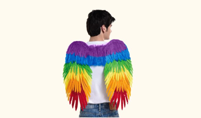 Un jeune homme au dos tourné portant des ailes de la Fierté en plumes arc-en-ciel.