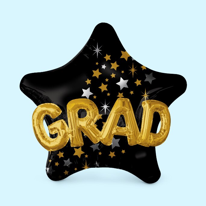 A black, silver and gold 3D star graduation foil balloon.