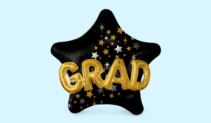 A black, silver and gold 3D star graduation foil balloon.