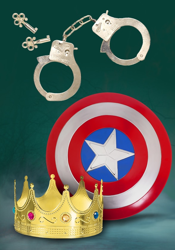 A pair of costume handcuffs, a kids' Captain America shield, and a jeweled costume crown.