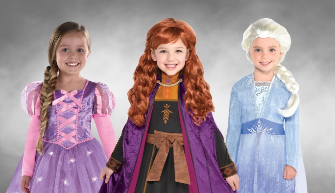 A girl in a Rapunzel costume, a girl in a Princess Anna costume and a girl in a Princess Elsa costume.