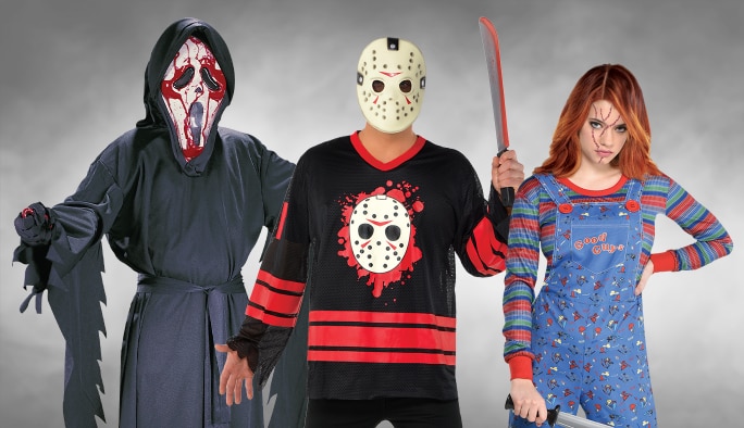 Three adults wearing slasher movie character costumes and accessories.