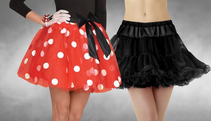 A Minnie Mouse polka dot costume tutu and a black tulle party petticoat.