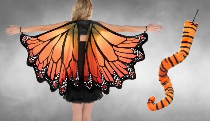 Adult Monarch Butterfly wings and a tiger costume tail.