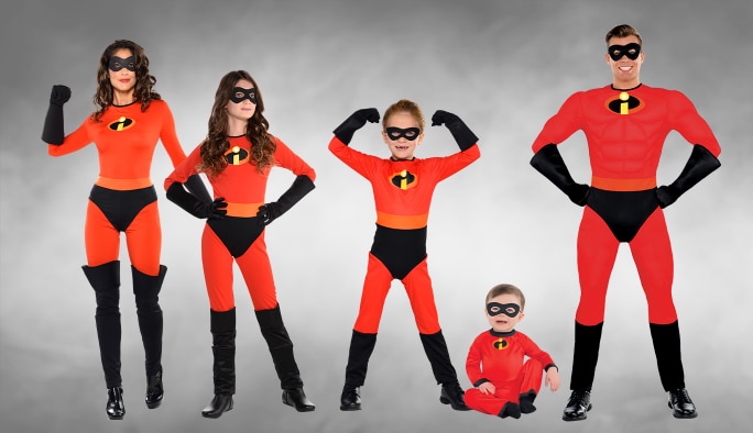 Two kids, a baby and two adults wearing The Incredibles costumes.
