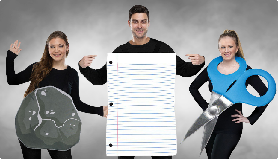 Two women and a man wearing a Rock Paper Scissors group costume.