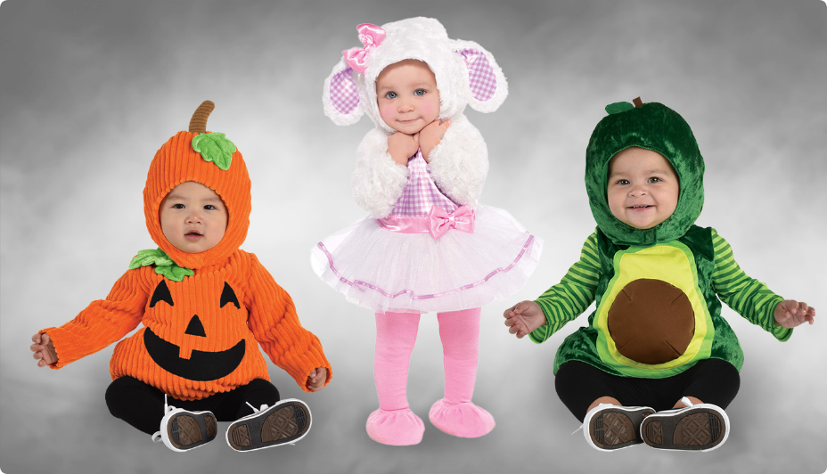 A baby in a Pumpkin costume, a baby in a Little Lamb costume and a baby in an Avocado Treat costume.