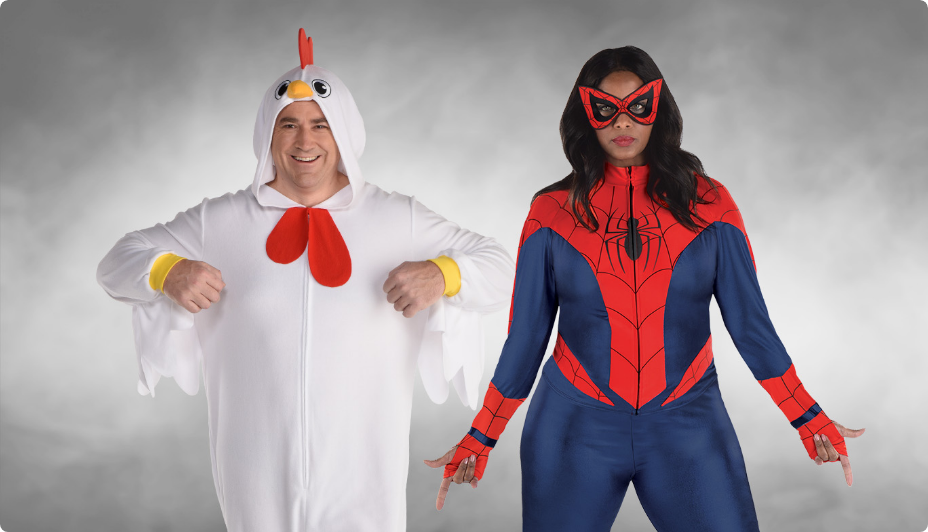 A man in a plus size chicken costume and a woman in a plus size Spider-girl costume. 