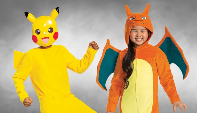 A child wearing a Pikachu costume and a girl wearing a Charizard costume.