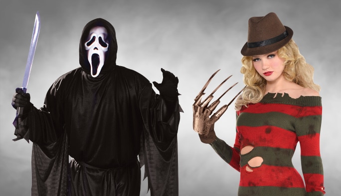 An adult in a Scream Ghostface costume and a woman in a Freddy Kreuger costume.