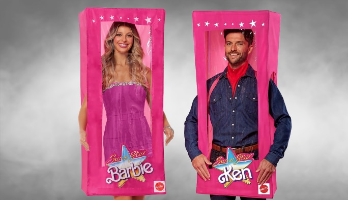 A woman in a Barbie box costume and a man in a Ken Box costume.