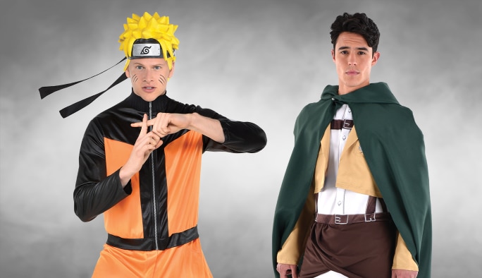 A man wearing a Naruto costume and a man wearing an Attack on Titan Survey Corps costume.
