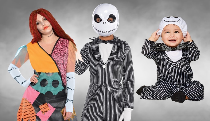Two adults and a baby wearing The Nightmare Before Christmas character costumes. 