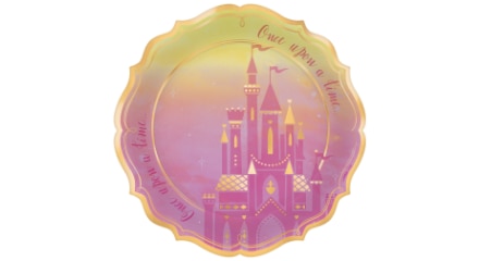 A 10.5-inch Disney pink and metallic once upon a time paper plate.