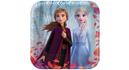 A Disney Frozen 2 Anna and Elsa square paper plate.