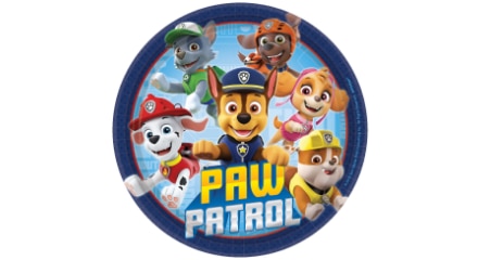 A blue and yellow PAW Patrol Adventures round plate.
