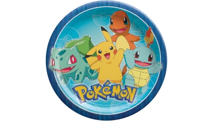 A blue classic Pokémon round paper plate.