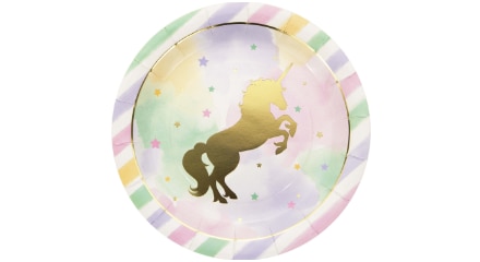 A gold and pastel coloured Unicorn round paper plate.