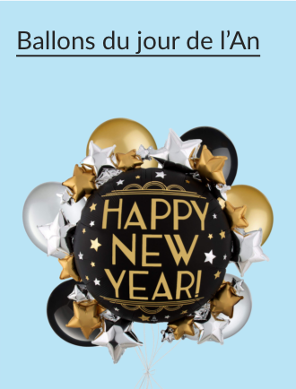 Un gros ballon noir et or pour le réveillon du jour de l'An entouré par de plus petits ballons de couleur noir, or et blanc ronds et en forme d'étoile.